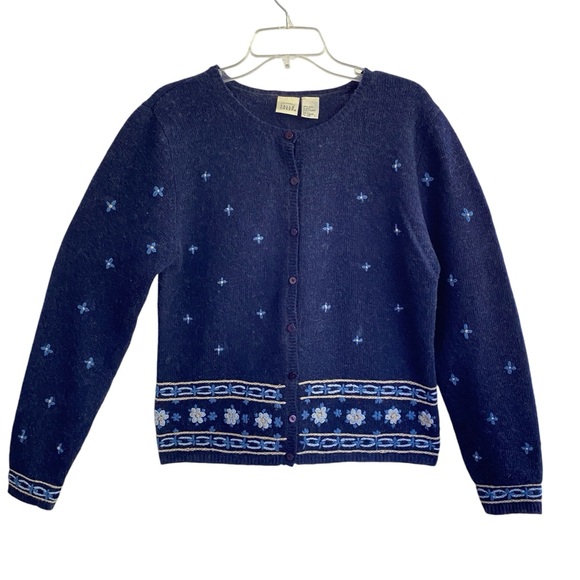 FALLS CREEK 100% Wool Button Cardigan Blue Embroidered Size Large - Picture 1 of 9